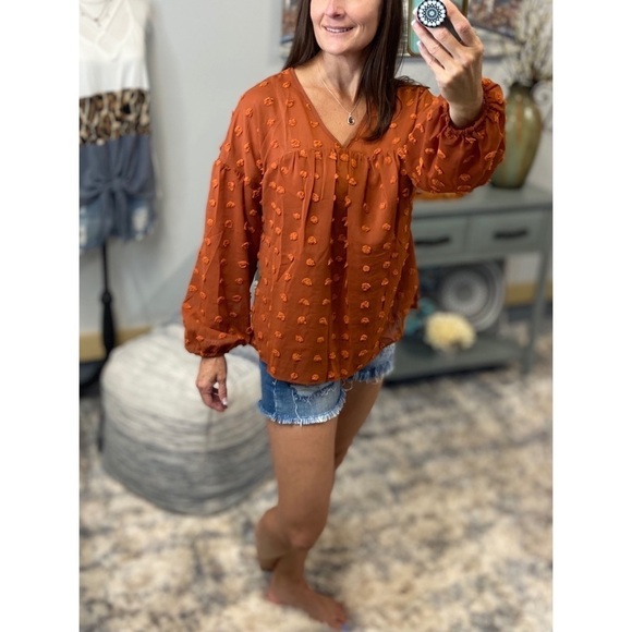 Swiss Dot Long Bubble Sleeve V-Neck Floaty Top Rust 3521 - Picture 2 of 9